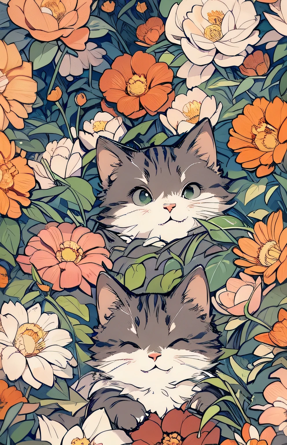 ((highest quality)), ((masterpiece)), (Get used to it), Cat , Lots of flowers in the background , close your eyes , Are sleeping ,