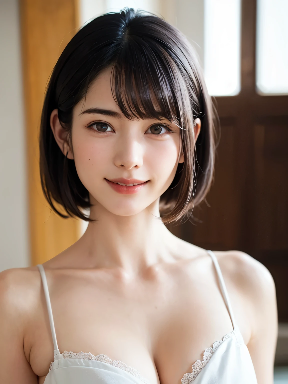 1 girl、highest quality、Realistic、alone、Written boundary depth、Natural soft light、Daytime、charm、Beautiful Face、Cleanliness、Pure Face、White skin、cute、short hair、bright hazel eyes:1.6、Beautiful Lips、bangs、Beach、Light of the sun、Nedium Breast Body Esbian、((黄金比のBeautiful Face、 対称性のあるBeautiful Face))、Long neck、show me your ears、Stick out your ears。bangsのあるきれいな短いボブヘア、smile with your mouth closed、Perfect hands指、Perfect hands、Perfect body、Perfect Face、Shine a light into your eyes、Perfect Anatomy:1.6、とてもcuteスーパーモデル:1.6、{Huge|big|Hugeな|Mega} chest, chestの谷間、smile:1.6、Very beautiful teeth:1.6