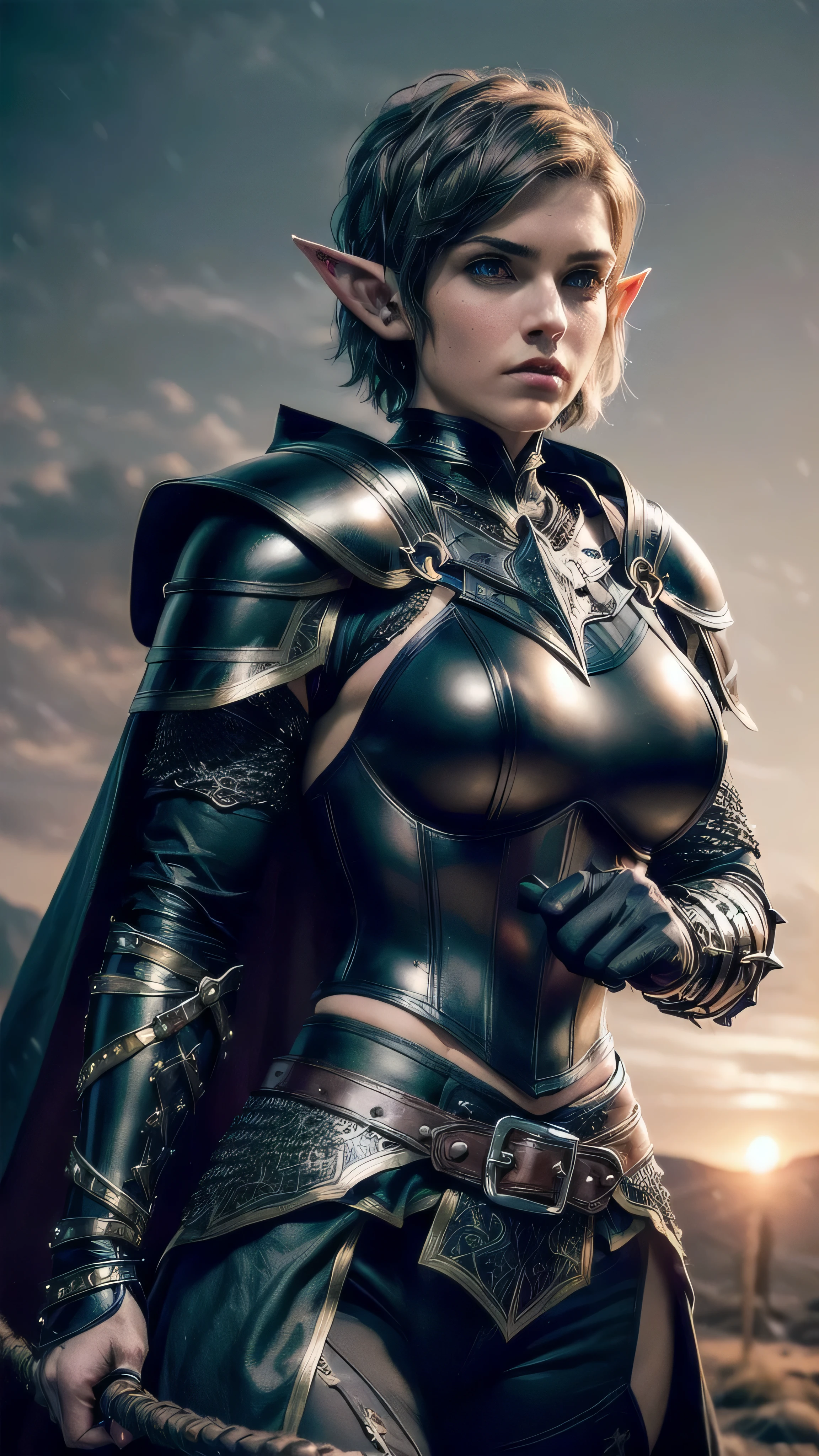 (masterpiece), (extremely intricate:1.3), (realistic), portrait of a muscular bodybuilder girl, (((medieval armor:1.6 ((matte black breastplate, elf, elven), perfectchainmail, black cape, (bullwhip)), wind blown blowing [green hair:dark hair:0.6])), tattoo:1.0), metal reflections, upper body, outdoors, intense sunlight, far away castle, professional photograph of a stunning woman detailed, ((short undercut shaved hair, dynamic pose)), sharp focus, dramatic, award winning, cinematic lighting, volumetrics dtx, (film grain, blurry background, blurry foreground, bokeh, depth of field, sunset, interaction), 8K