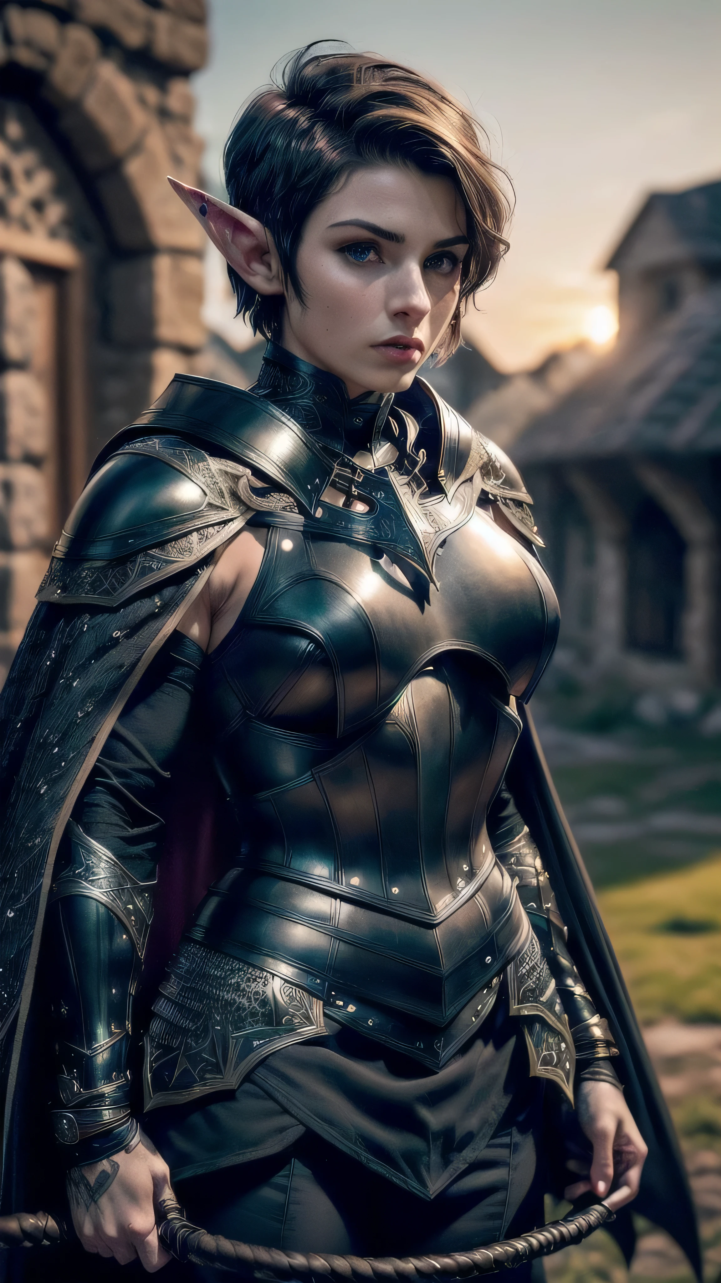 (masterpiece), (extremely intricate:1.3), (realistic), portrait of a muscular bodybuilder girl, (((medieval armor:1.6 ((matte black breastplate, elf, elven), perfectchainmail, black cape, (bullwhip)), wind blown blowing [green hair:dark hair:0.6])), tattoo:1.0), metal reflections, upper body, outdoors, intense sunlight, far away castle, professional photograph of a stunning woman detailed, ((short undercut shaved hair, dynamic pose)), sharp focus, dramatic, award winning, cinematic lighting, volumetrics dtx, (film grain, blurry background, blurry foreground, bokeh, depth of field, sunset, interaction), 8K
