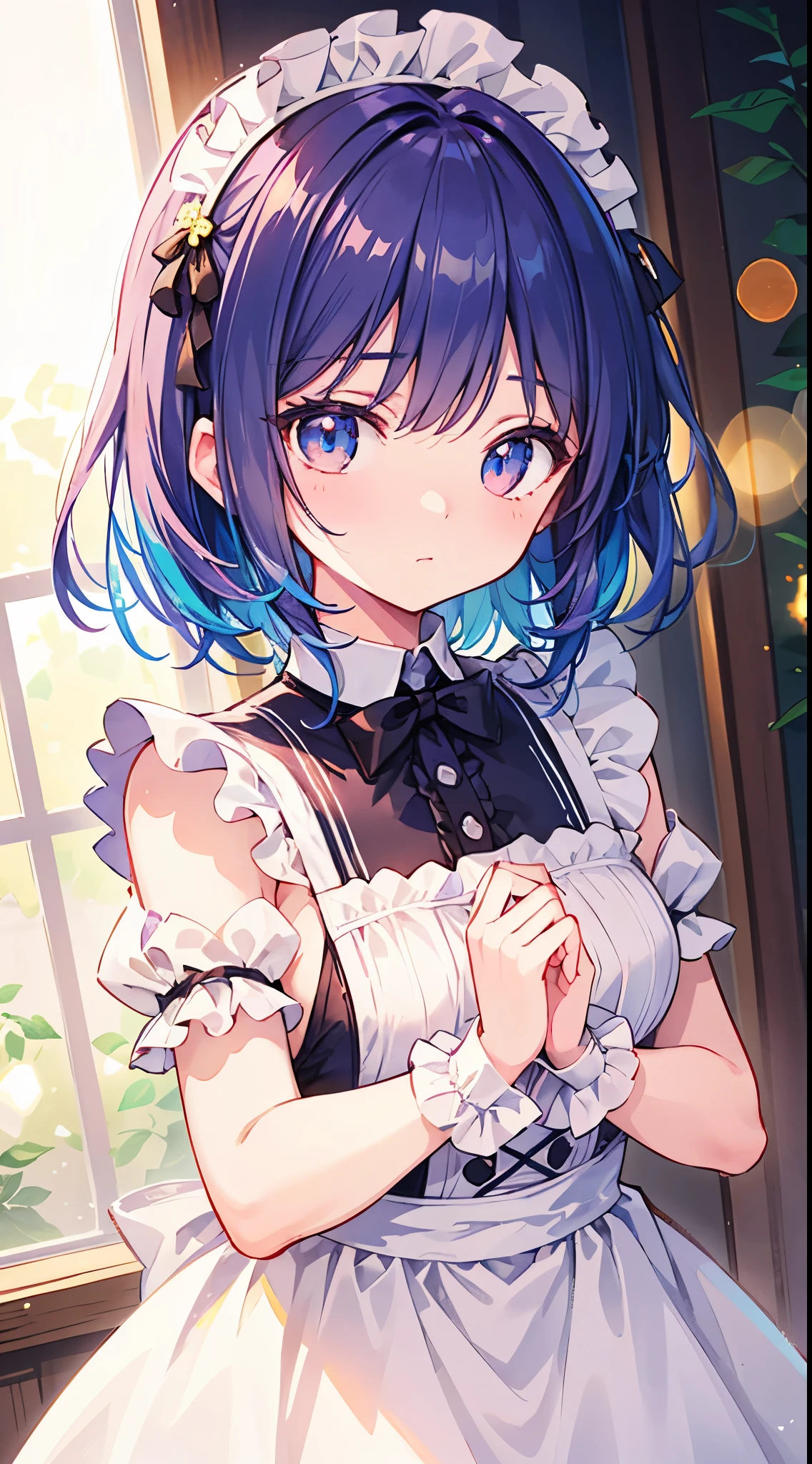 ultra-detailed, vibrant colors, soft natural lighting, fine art, bokeh effect. 3/4 body, frilled maid outfit, dutch angle, colorful hair