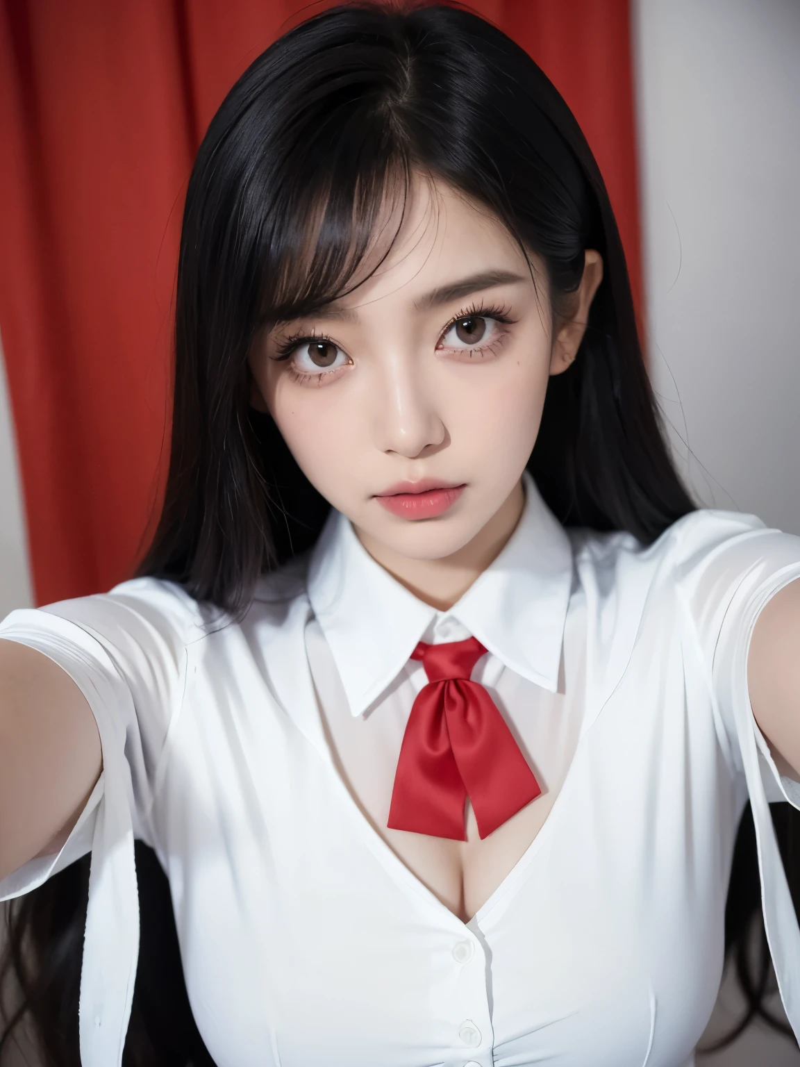 Kim jennie con el cabello negro oscuro, con rulos en las puntas del cabello negro oscuro, con un ganchito de estrella en el cabello negro oscuro, ojos de color claro, ojos bonitos, ojos llorosos, nariz bonita y respingada, labios bonitos, labios rosas, heart and cupid shaped lip, piel bonita, pale, piel blanca, con lunares y pecas en todo el rostro, rubor rosa suave en las mejilla, rubor rosa natural, maquillaje suave y rosa, jennie, cuellos bonito, cuello marcado, frown, mirada enojada, con un collar de beso, un collar bonito de beso, mientras tiene un traje de Yumeko Jabami, cospaly de Yumeko Jabami, mientras tiene una camisa blanca, con tiene un traje de color rojo encima de su camisa blanca, apretado a su cuerpo, con una falta negra corta mientras tiene el abdomen desnudo, delgado, marcado y bonito, (pechos grandes, pechos suaves, pechos bonitos, pechos naturales), mientras esta haciendo cospaly del personaje Yumeko Jabami, del anime Kakegurui, mirando a la camara, autofoto, selfie bonita