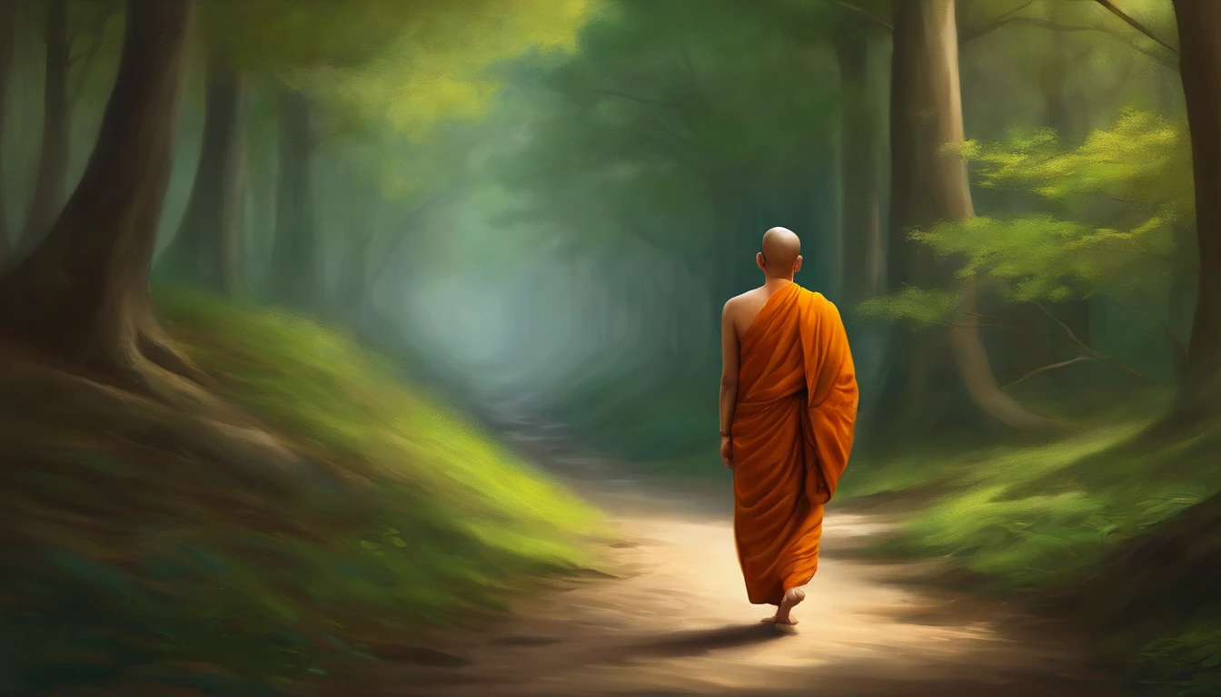 a painting of a monk walking down a path in a forest, on path to enlightenment, buddhism, buddhist, on the path to enlightenment, buddha, the buddha, buddhist monk, a beautiful artwork illustration, monk, nivanh chanthara, buddhist art, adorable digital painting