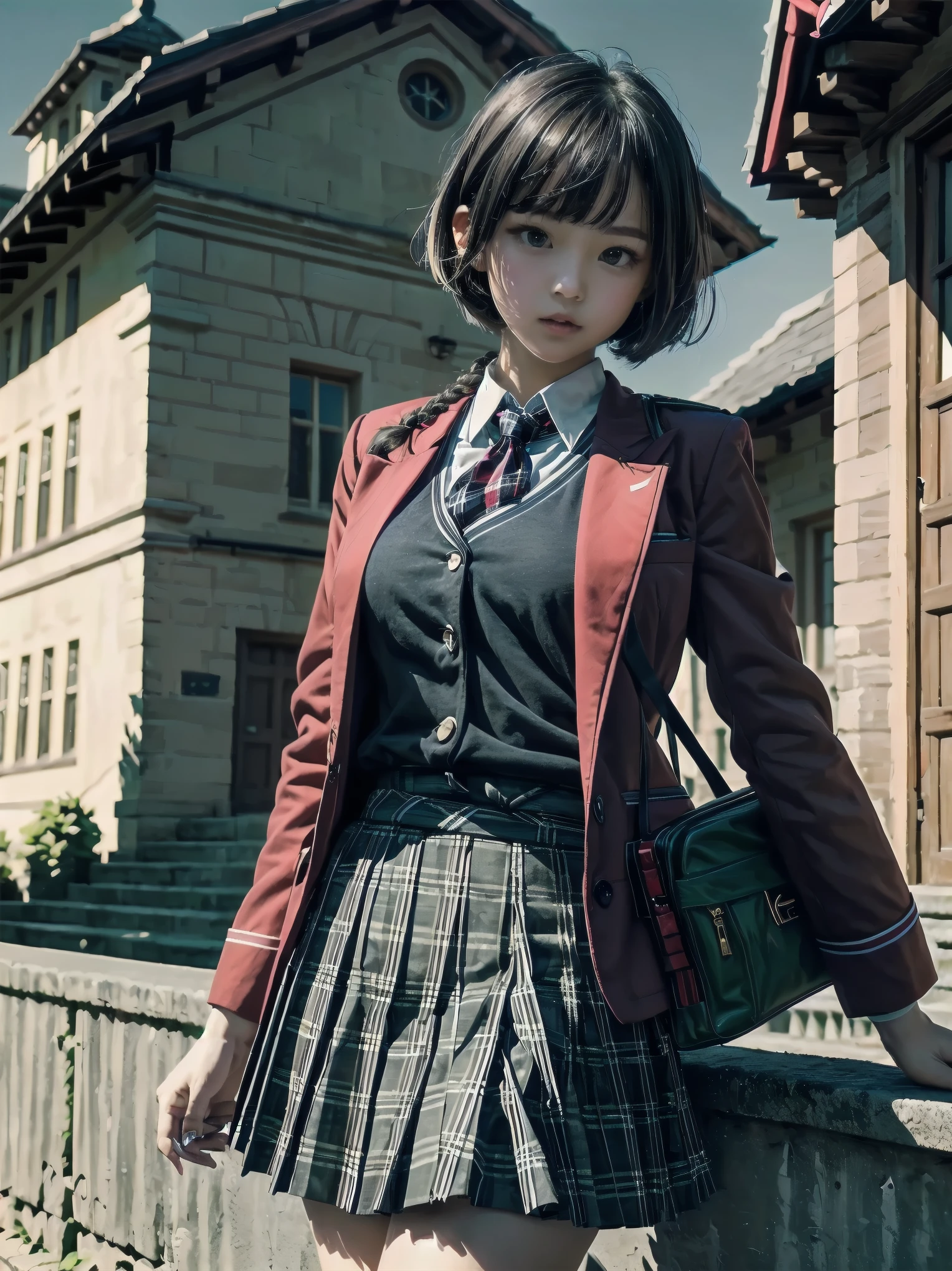 Top-High quality、Highest quality、masterpiece、High Contrast、Colorful、Elegance、Sexy expression、high school girl、Beauty、Bob cut braids、uniform、(red blazer)、Ribbon tie、(Green and gray plaid skirt)、(black tightovie-like shadows、fine shading、cute、Truly unbelievably cute absurd、outside、School trip、national treasures、Traditional buildings、blue sky
