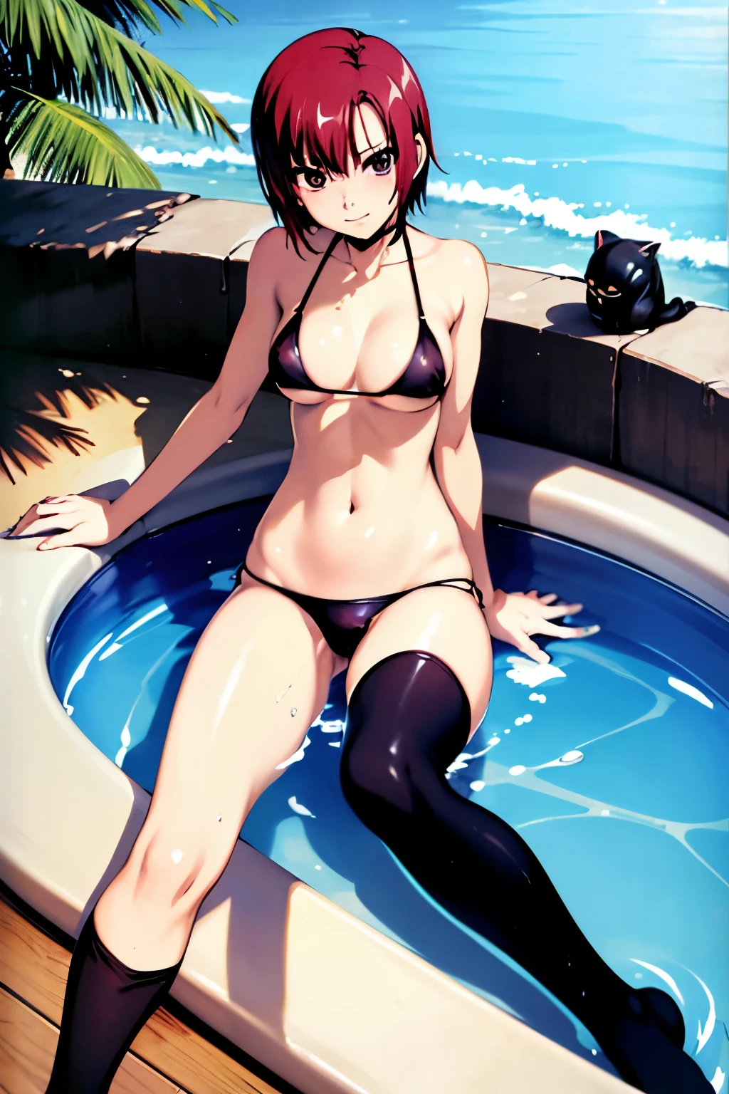 Rio, Super Blackjack、Red Hair、Short Hair、((Black Bikini))、((Thigh-high socks))、See-through、Photo from below、Medium chest、((Poolside))、Rio・デ・カーニバル、((Get wet all over))、Swimwear