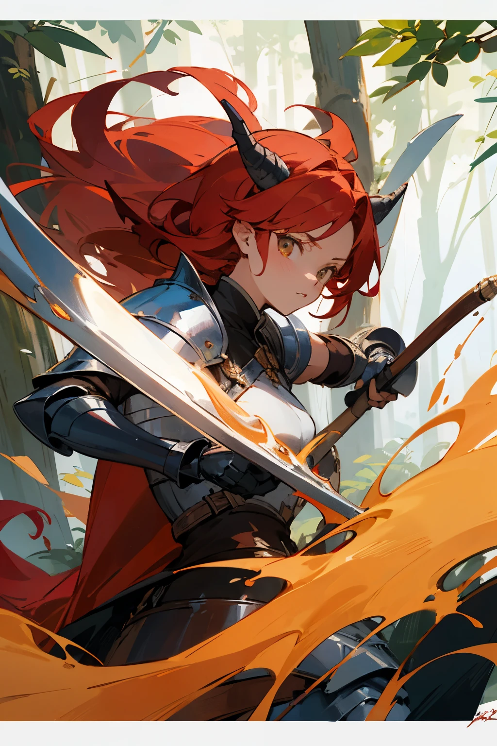 Dessin d'une centaure (Mi-femme Mi cheval) living in the forest, she is a young hunter and ranger who fights with a spear and a bow, she has red dragon scale armor

