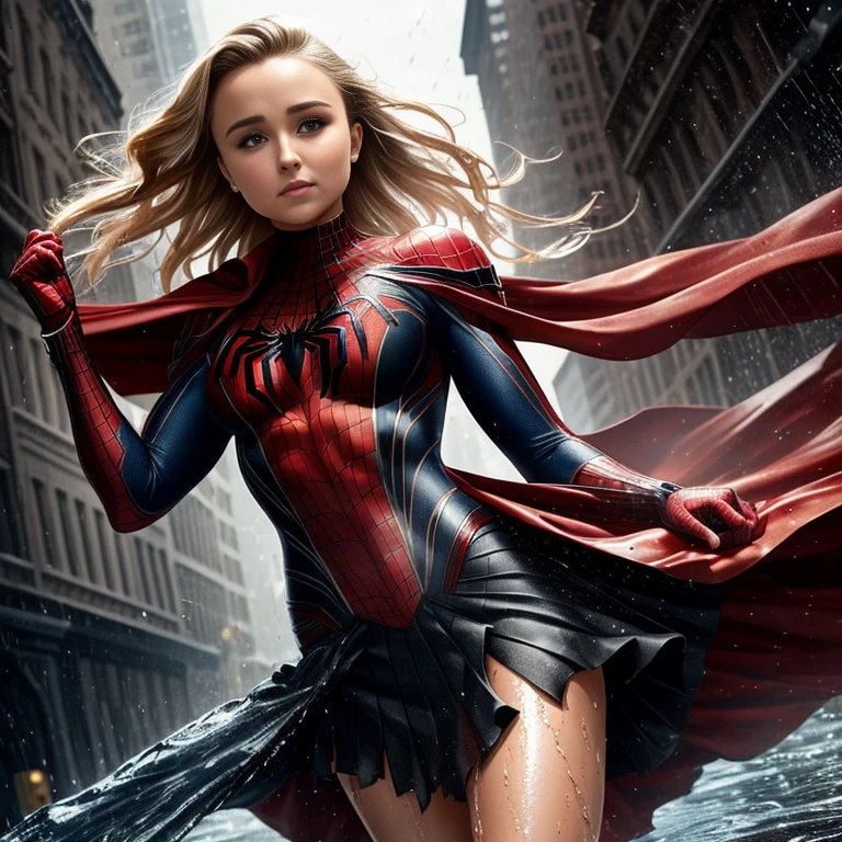 Hayden Panettiere、マーベル・コミック映画のPoster, Very beautiful, movies about spiderman, sexy, whole body, I'm wearing a skirt、premiere date, Poster、belly buttonを突き出す、new york、she's wearing a torn spiderman suit,the suit is torn、Wearing a skirt、 Red and black color scheme,dynamic、masterpiece、highest quality、Ultra-detailed、Very detailed、A delicate and beautiful shine、超A high resolution、Cinematic,Break,Breakdrop,(Torn clothes:1.5), (Wet clothes:1.4), Bare shoulders,Real Rain,Wet Hair,belly button、Exposing Skin、sexyな肩を見せてる