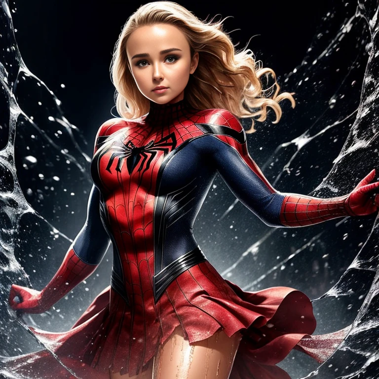 Hayden Panettiere、マーベル・コミック映画のPoster, Very beautiful, movies about spiderman, sexy, whole body, I'm wearing a skirt、premiere date, Poster、belly buttonを突き出す、new york、she&#39;s wearing a torn spiderman suit,the suit is torn、Wearing a skirt、 Red and black color scheme,dynamic、masterpiece、highest quality、Ultra-detailed、Very detailed、A delicate and beautiful shine、超A high resolution、Cinematic,Break,Breakdrop,(Torn clothes:1.5), (Wet clothes:1.4), Bare shoulders,Real Rain,Wet Hair,belly button、Exposing Skin、sexyな肩を見せてる