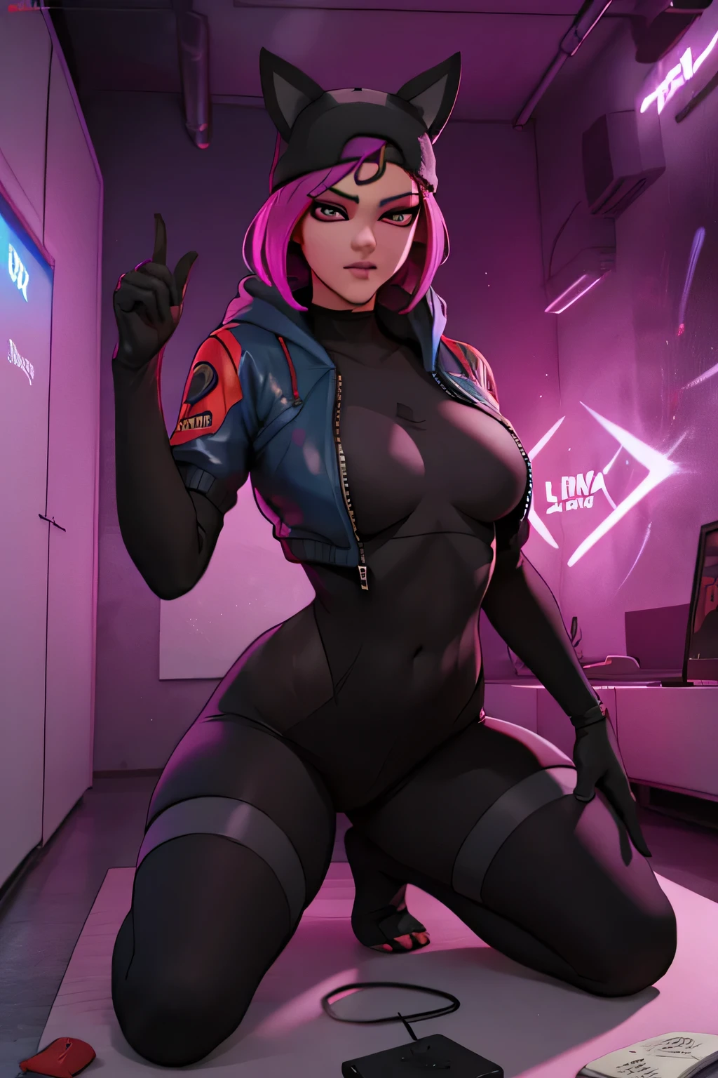 Gaming Zone Lynx chaqueta Negro, guantes sin dedos, Leggings negros, ojos finos Claros , neon, pose heroico