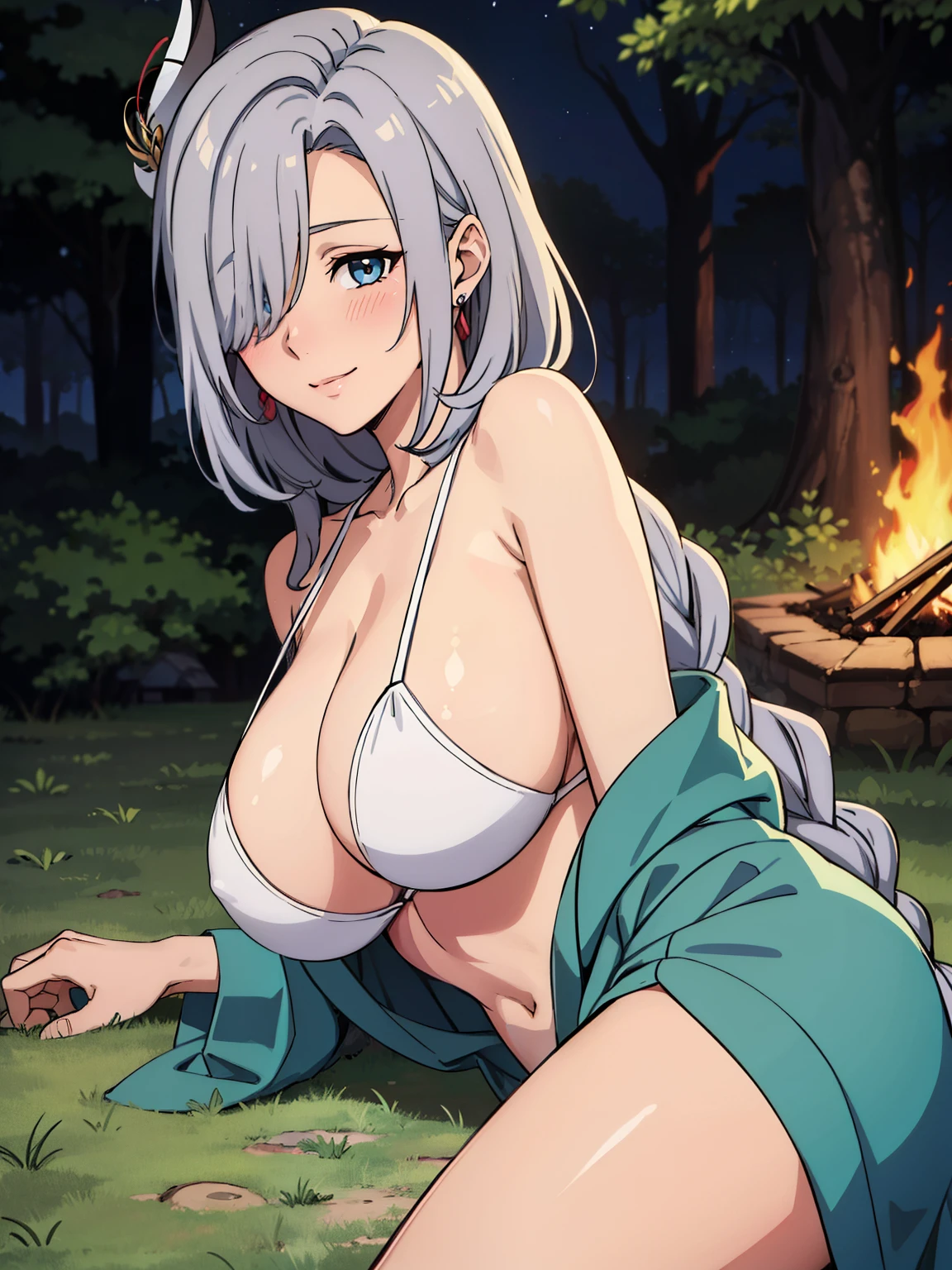 (lying, on side), beside fire camp, earrings, braided hair, white bikini, (night forest background), , fire camp, starry night, ShenheV4, anime cels style, best quality, high resolution, 1girl, (huge breasts:1.2), beautiful face, grey hair, long hair, hair ornament, (hair over one eye), blue eye, cowboy shot, smiling, blushing, pov from below