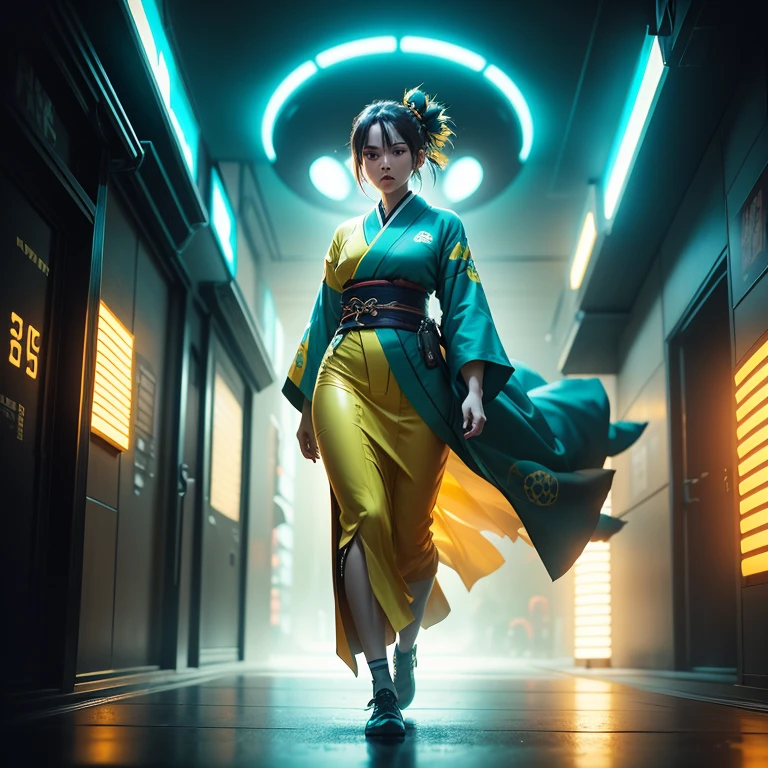 score_9, score_8_up, score_7_up, cinematic photo, dramatic lighting, dynamic pose, woman in kimono, cyberpunk, yellow_sun, teal background,, cinematic, full body, Fujifilm