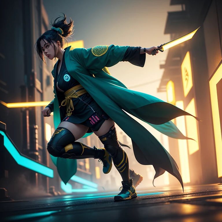 score_9, score_8_up, score_7_up, cinematic photo, dramatic lighting, dynamic pose, woman in kimono, cyberpunk, yellow_sun, teal background,, cinematic, full body, Fujifilm