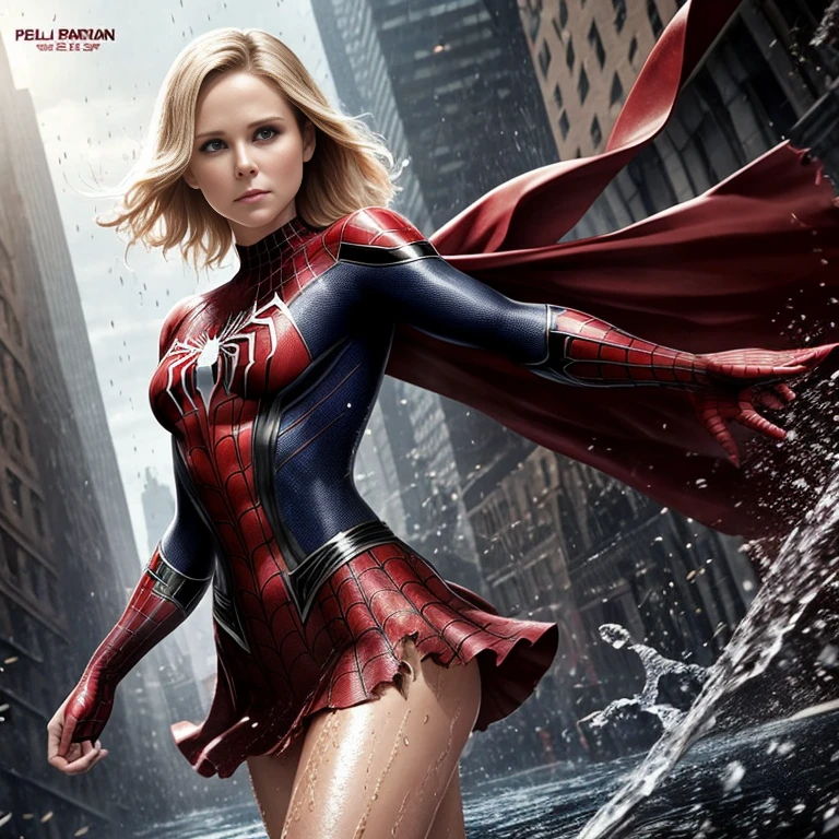 Kristen Bell、マーベル・コミック映画のPoster, Very beautiful, movies about spiderman, sexy, whole body, I'm wearing a skirt、premiere date, Poster、belly buttonを突き出す、new york、she&#39;s wearing a torn spiderman suit,the suit is torn、Wearing a skirt、 Red and black color scheme,dynamic、masterpiece、highest quality、Ultra-detailed、Very detailed、A delicate and beautiful shine、超A high resolution、Cinematic,Break,Breakdrop,(Torn clothes:1.5), (Wet clothes:1.4), Bare shoulders,Real Rain,Wet Hair,belly button、Exposing Skin、sexyな肩を見せてる