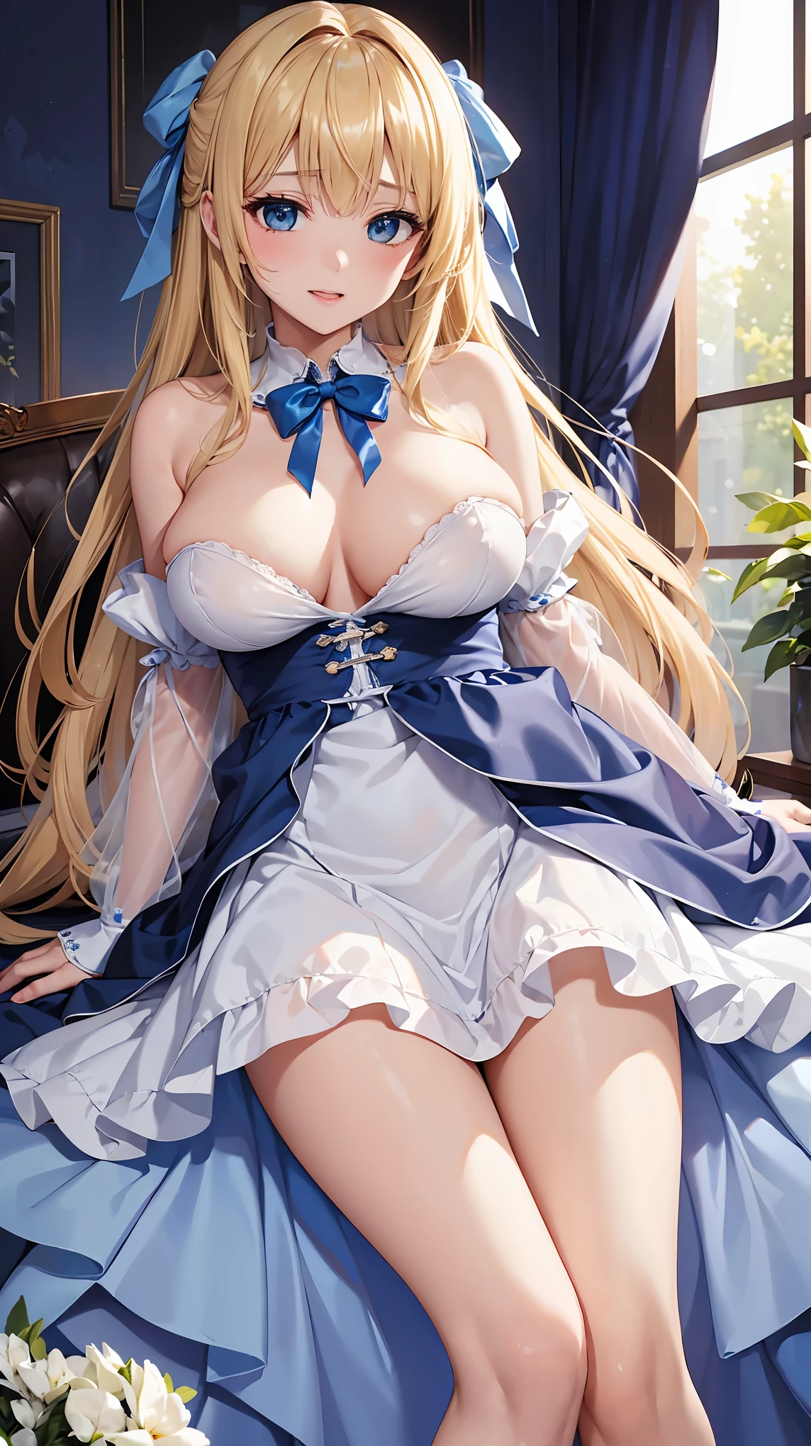 ((highest quality、High resolution))、A beautiful woman、Perfect body、beautiful ample breasts、Long blonde、bangs、Blue and white ribbon、embellished sexy dress、skirt、a sexually excited look、Legs wide open、I'm seducing you