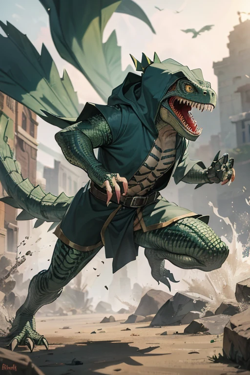 menacing angry lizardman with iguana head dressed in tattered hooded cloak, running, attacking
