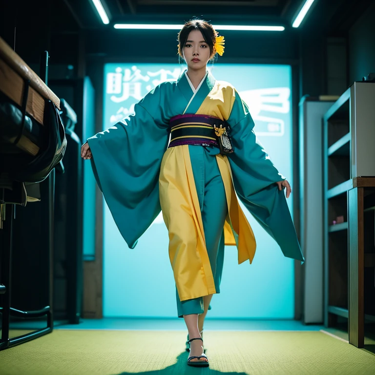 score_9, score_8_up, score_7_up, cinematic photo, dramatic lighting, dynamic pose, woman in kimono, cyberpunk, yellow_sun, teal background,, cinematic, full body, Fujifilm