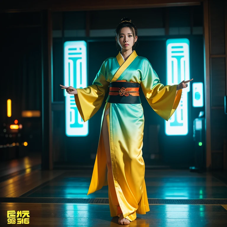 score_9, score_8_up, score_7_up, cinematic photo, dramatic lighting, dynamic pose, woman in kimono, cyberpunk, yellow_sun, teal background,, cinematic, full body, Fujifilm