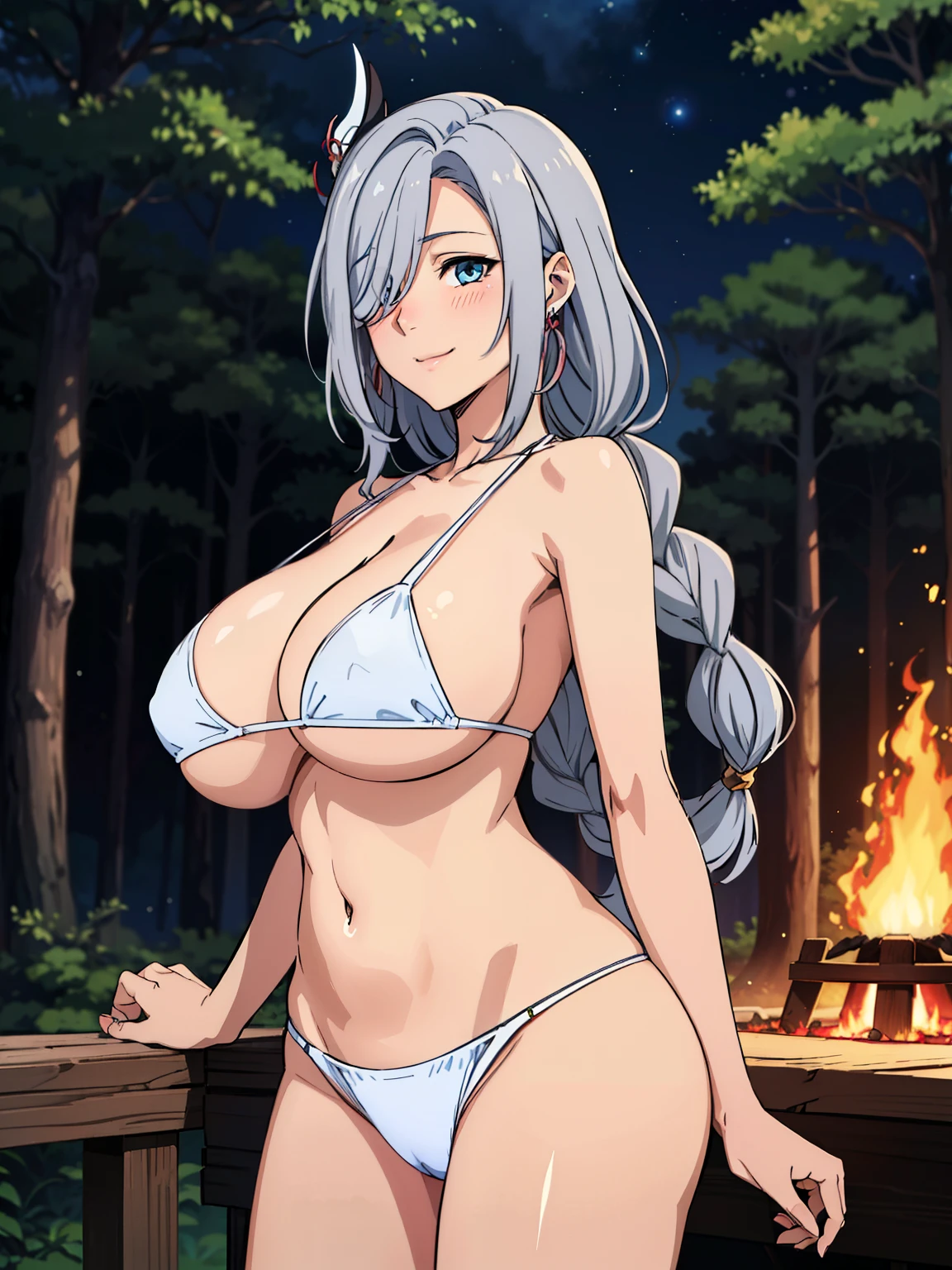 (camel toe), beside fire camp, earrings, braided hair, white bikini, (night forest background), , fire camp, starry night, ShenheV4, anime cels style, best quality, high resolution, 1girl, (huge breasts:1.2), beautiful face, grey hair, long hair, hair ornament, (hair over one eye), blue eye, cowboy shot, smiling, blushing