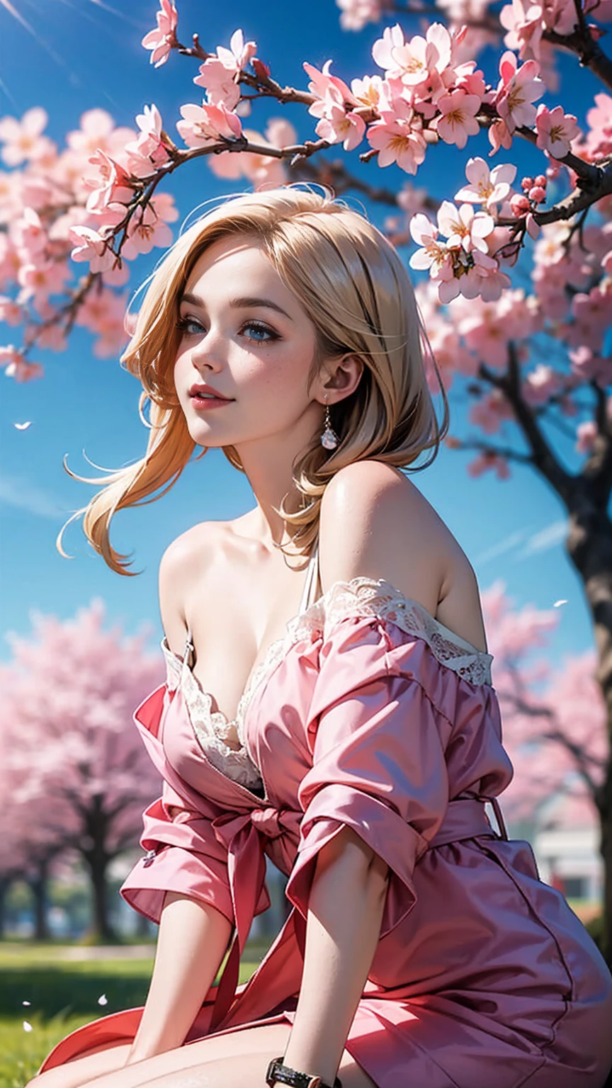 (最high quality:1.1), (masterpiece:1.2), (Real:1.2), (be familiar with:1.1), (fine skin:1), (high definition facial skin:1.1), (Realistic iris:1.1), (Realistic students:1.1), ((最high quality, 8K, masterpiece: 1.3, Ultra HD, high quality, 最high quality, High resolution, realism)) 、25-year-old Caucasian female、Platinum Blonde、blue eyes、long hair、smile、slender、slenderだがアスリートのような細マッチョな身体、I want my head to stay off screen、Wear accessories on your wrist、Wearing red nail polish、I have a peticure、Wear an off-the-shoulder dress、Wear lace-up sandals、I'm in a row of cherry blossom trees where the cherry blossoms are in full bloom.、It's a cherry blossom blizzard、smile、blue sky、Cleavage Emphasis