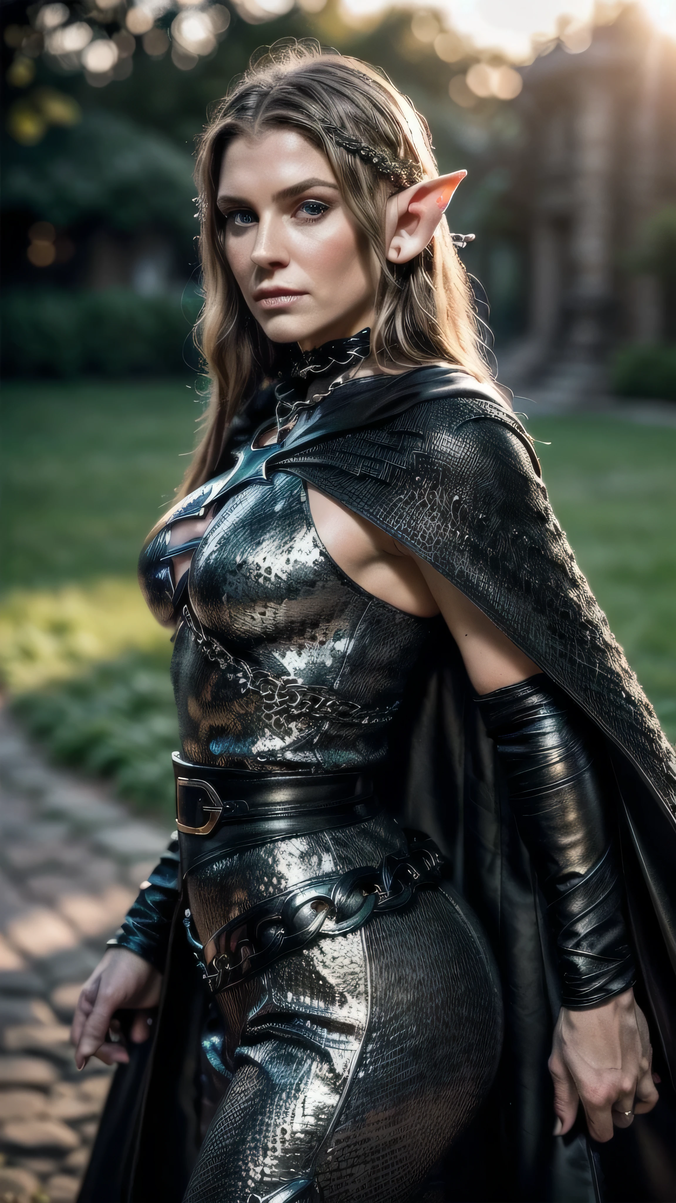 (masterpiece), (extremely intricate:1.3), (realistic), portrait of a muscular bodybuilder girl, (((medieval armor:1.6 ((matte black perfectchainmail, elf, elven), black cape, (bullwhip)), wind blown blowing [green hair:dark hair:0.6])), tattoo:1.0), metal reflections, upper body, outdoors, intense sunlight, far away castle, professional photograph of a stunning woman detailed, ((short undercut shaved hair, dynamic pose)), sharp focus, dramatic, award winning, cinematic lighting, volumetrics dtx, (film grain, blurry background, blurry foreground, bokeh, depth of field, sunset, interaction), 8K
