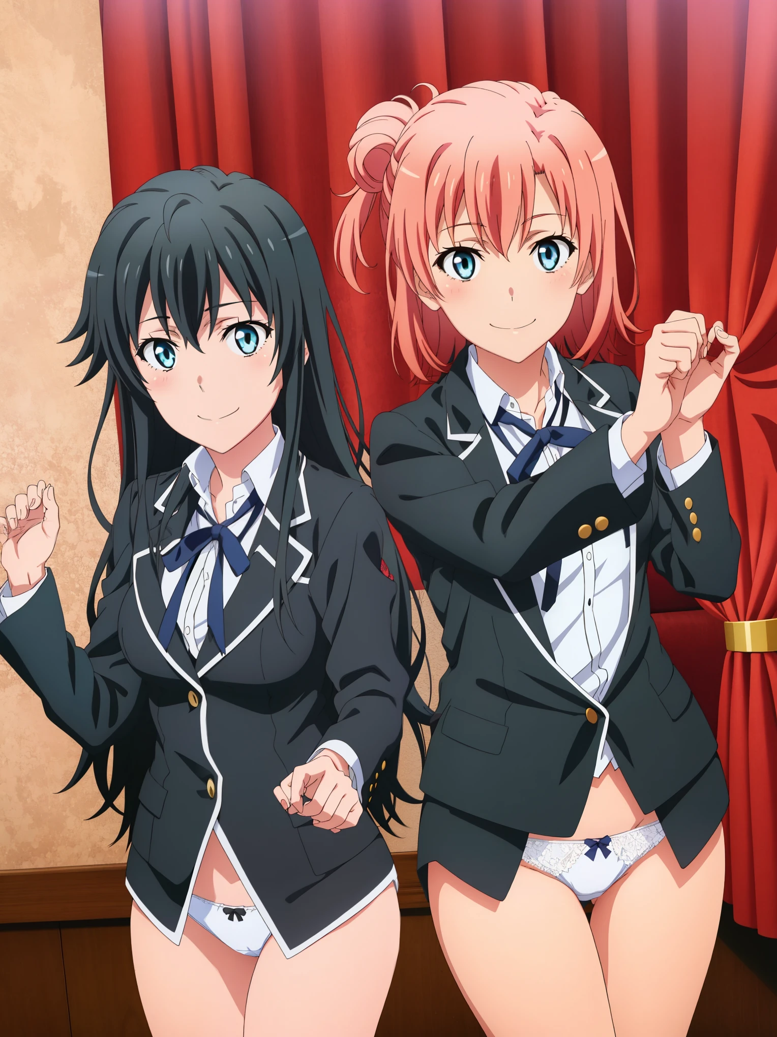 2 girls , Yukinoshita Yukino , yuigahama yui'great bust and hips, waltz dance ,uniform,Black blazer,White shirt,ribbon,White lace panties,(Pussy Line:1.0),Browsing Caution,Thighs,(High angle:1.0),Looking at the camera,Beautiful Eyes,smile,