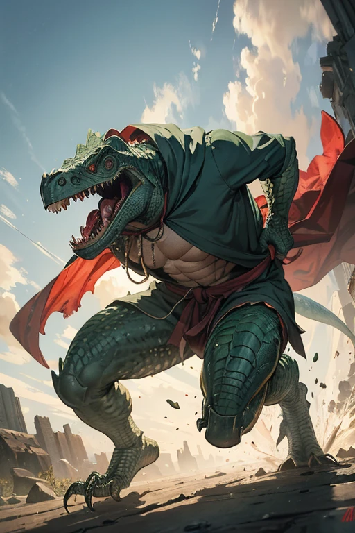 menacing angry lizardman with iguana head dressed in tattered hooded cloak, running, attacking