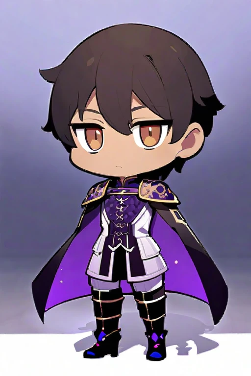 (boy1),(anime),(),(dark brown skin color),(brown eyes),(short black hair),(height 1.80cm),(wearing),+,(a 16th century emperor's outfit, consisting of a shiny black cape with purple tones, and black boots with purple tones, and a black outfit with a white blouse)