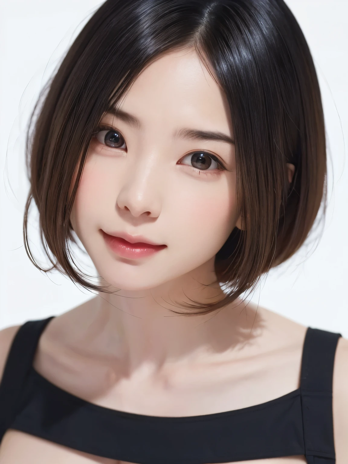 ((masterpiece、1 beautiful girl、Detailed eyes、前髪のあるshort hair、Long neck、Please lend me your ear))、Big eyes、Transparent double eyelids、((highest quality, 超High resolution、Looking into the camera)), (reality: 1.4), Original photo, 1 girl,Cinema Lighting、Japanese、Asian Beauty、Korean、so beautiful、Beautiful Skin、(((Very large breasts、thin、Body facing forward)))、(Surreal)、(High resolution)、(8K quality)、(Very detailed)、(Best illustrations)、(beautiful Detailed eyess)、(Very detailed)、Detailed face、View your viewers、Look straight ahead、neat and clean clothes、Sleeveless、short hair、i have black、46 point diagonal bangs、The background is a pure white background、Clean atmosphere、