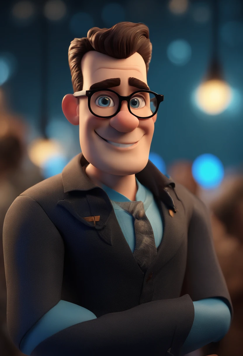 Cartoon character of a man in black glasses and blue shirt, animation character, Caractere estilizado, animation style rendering, 3D estilizado, Arnold Maya rendering, Stylized 3D rendering, toon render screenshot, Personagem 3D, Personagem 3D, Stylized 3D rendering, 3D character rendering, personagem de desenho animado, Personagem de close up, Pose de personagem,  (Estilo Pixar) (parte mestre:1.2) (Bokeh) (melhor qualidade) (pele detalhada) (textura detalhada) (8k) (argila) (cinematic lighting) (sharp focus