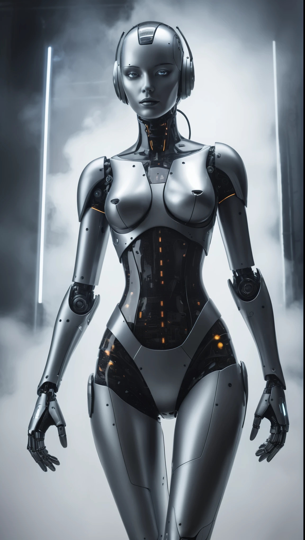 An illustrated movie poster of a feminine robot, carbon fiber skin, led screen for a face, tall, hourglass figure, wide hips, big butt, surrounded by fog and laser lights, /2.8, cinematic, high quality, skin texture, hard shadows, graphite shading, stencil marks, airbrushed acrylic paint, masterpiece