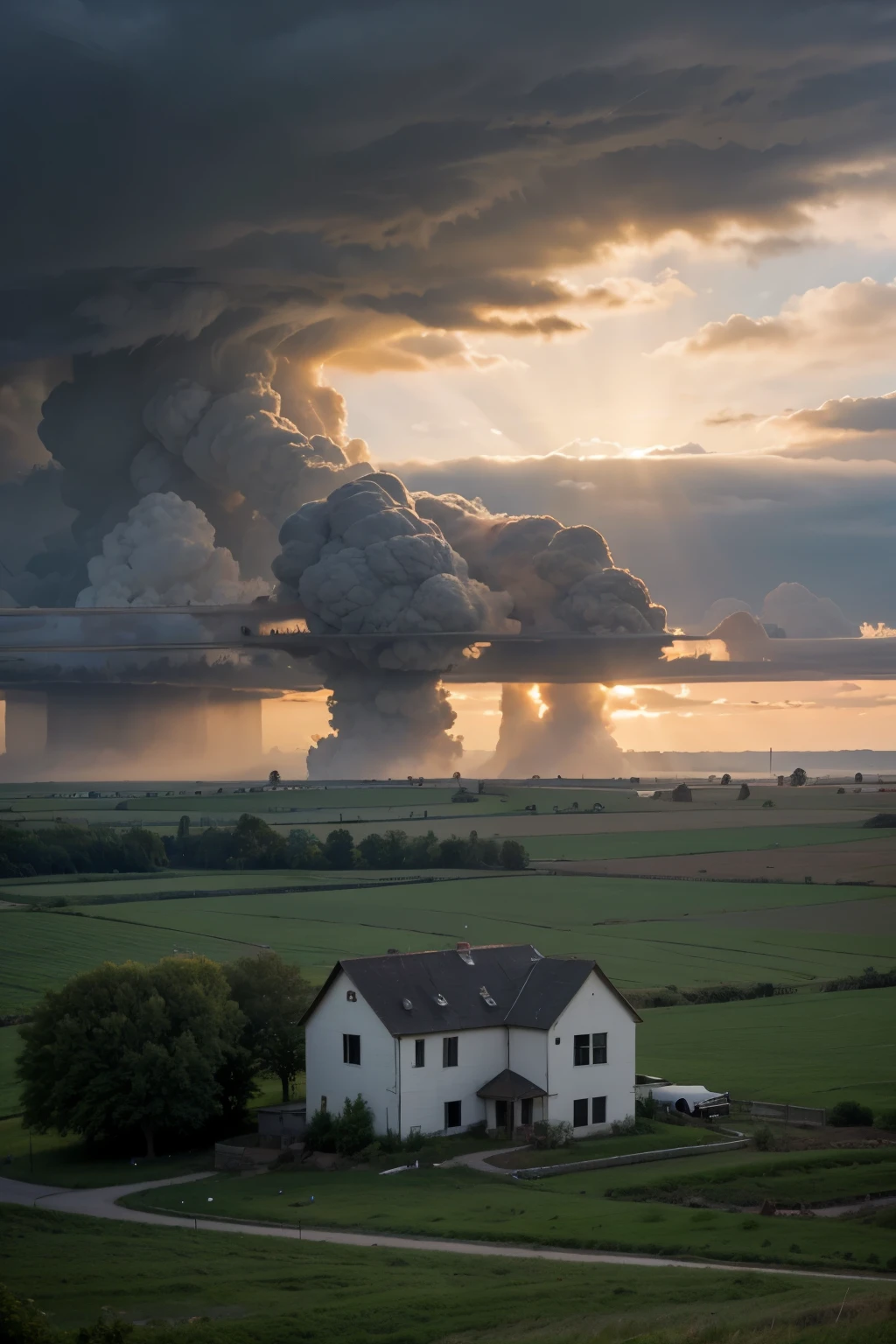 rural abandoned farmland that has been settled by aliens. there are barns and other farm buildings but they look slightly alien. a thunderstorm surrounds the farmland, but the farmland itself is in perfect sunlight because a laser is blasting a hole through the thunderclouds.