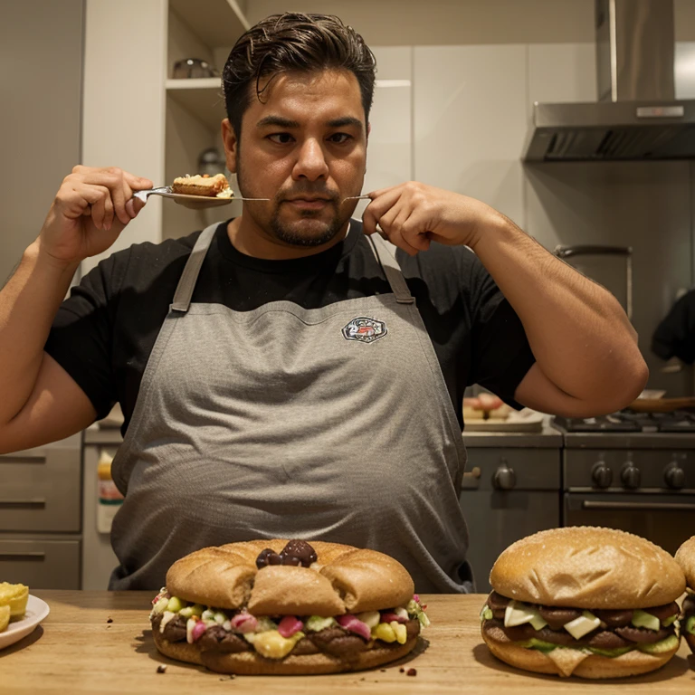 Only plump, chubby, extremely thick thighs, large belly, wearing only red swim trunks, Homem velho 56 anos tem uma barba Grande levemente grisalho, he is working inside a cafeteria preparing hamburgers, serving burger to customer. He is holding a plate with a burger and fries in his hands. He wears glasses.