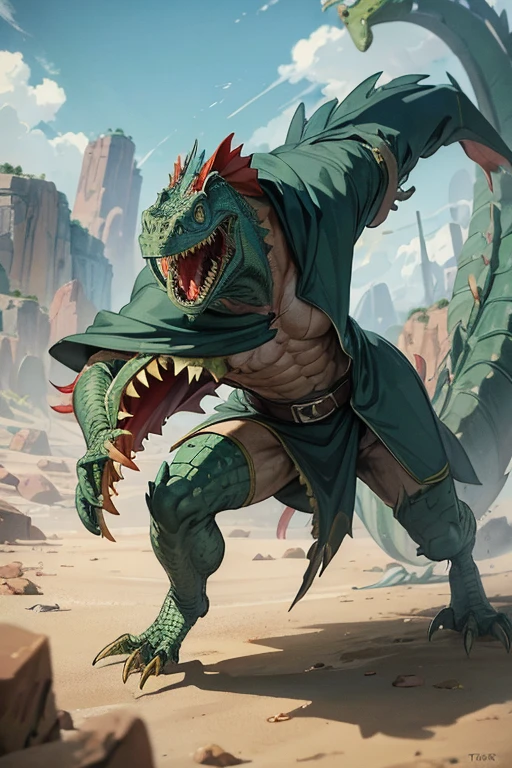 angry lizardman with iguana head dressed in tattered hooded cloak, running, attacking