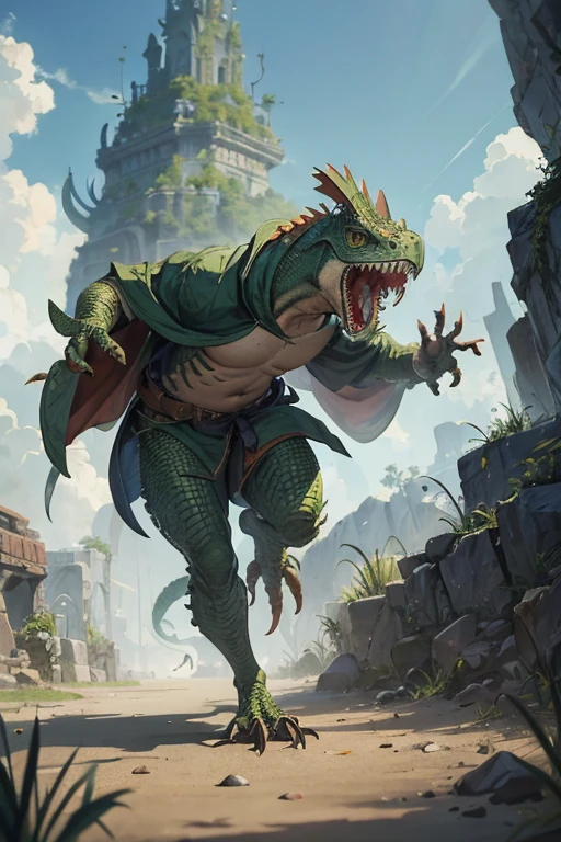 angry lizardman with iguana head dressed in tattered hooded cloak, running, attacking