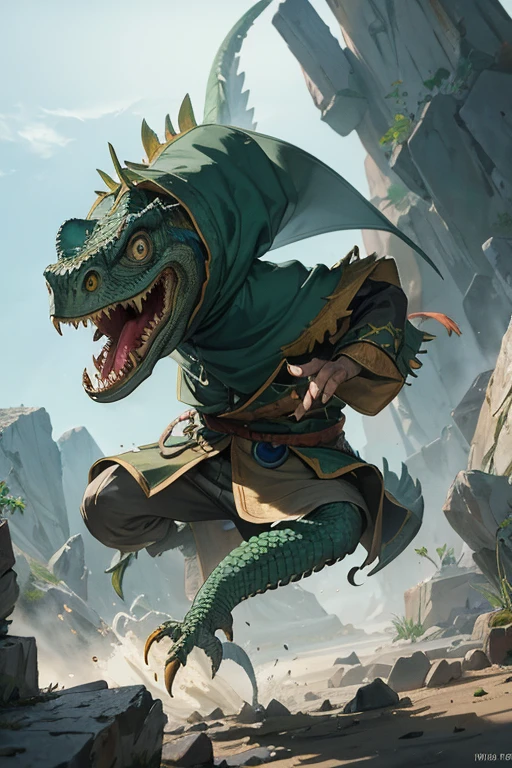 angry lizardman with iguana head dressed in tattered hooded cloak, running, attacking