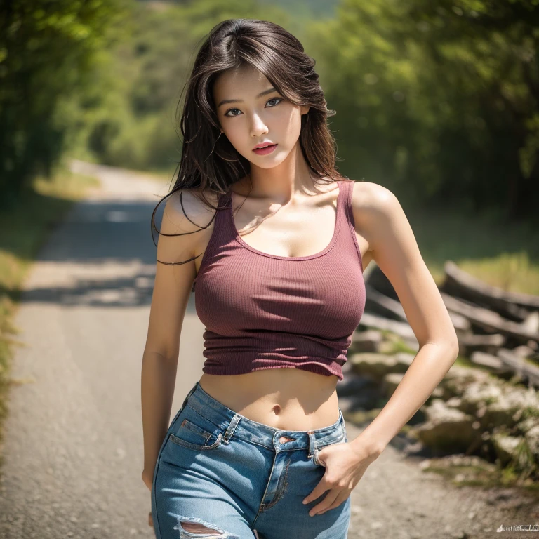 Best picture quality, Masterpiece, Ultra high resolution 8K, photograph, Asian girl wears old, ripped jeans short on her penis.;) dark pink tank top, Wear a t-shirt with large breasts and a strong, beautiful, perfect stomach.;) His long hair blows up in the wind, his body is wet, he looks straight at him and acts in various seductive poses.;) Natural countryside, sunlight shining brightly,.. Picture clarity 8k, Taken with a high quality camera 45,000,000 pixels