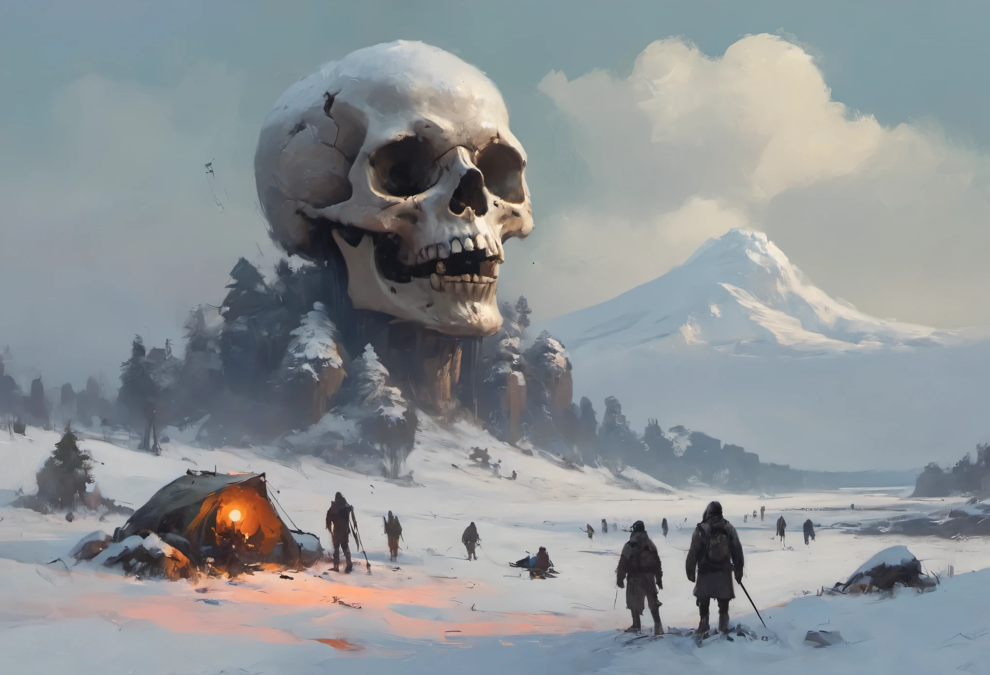 ASCIIconcept art, (art by Ismail Inceoglu:1.4), skull island in the snow