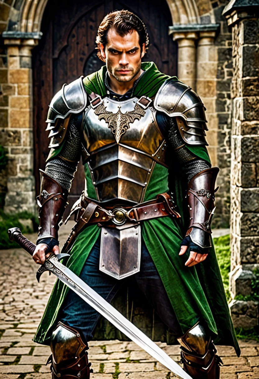 Demon hunter, medieval, medium brown hair, green eyes, with Henry Cavill face, mechanical left arm medieval armor, Full body, in action with a sword in hand