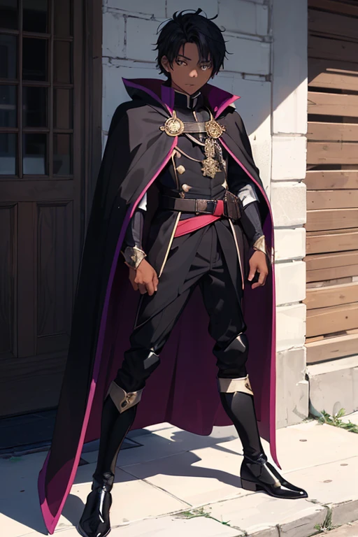 (boy1),(anime),(young teenager aged 16),(dark brown skin color),(brown eyes),(short black hair),(height 1.80cm),(wearing),+,(a 16th century emperor's outfit, consisting of a shiny black cape with purple tones, and black boots with purple tones, and a black outfit with a white blouse)