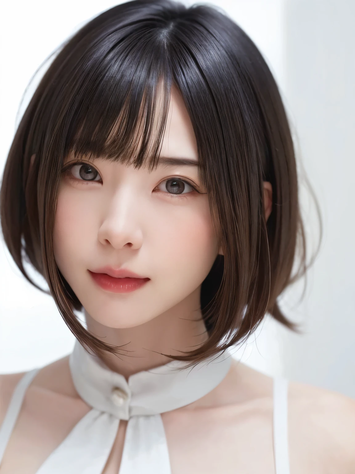 ((masterpiece、1 beautiful girl、Detailed eyes、前髪のあるshort hair、Long neck、Please lend me your ear))、Big eyes、Transparent double eyelids、((highest quality, 超High resolution、Looking into the camera)), (reality: 1.4), Original photo, 1 girl,Cinema Lighting、Japanese、Asian Beauty、Korean、so beautiful、Beautiful Skin、(((Very large breasts、thin、Body facing forward)))、(Surreal)、(High resolution)、(8K quality)、(Very detailed)、(Best illustrations)、(beautiful Detailed eyess)、(Very detailed)、Detailed face、View your viewers、Look straight ahead、neat and clean clothes、Sleeveless、short hair、i have black、46 point diagonal bangs、The background is a pure white background、Clean atmosphere、