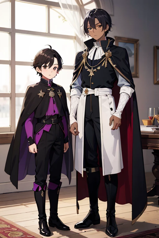 (boy1),(anime),(young teenager aged 16),(dark brown skin color),(brown eyes),(short black hair),(height 1.80cm),(wearing),+,(a 16th century emperor's outfit, consisting of a shiny black cape with purple tones, and black boots with purple tones, and a black outfit with a white blouse)