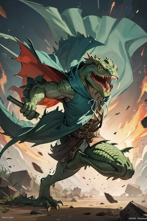 angry lizardman with iguana head dressed in tattered hooded cloak, running, attacking, proportional
