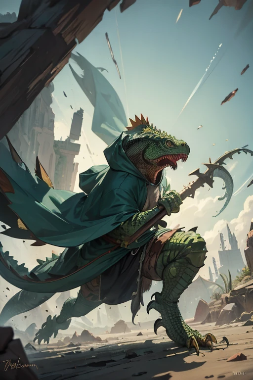 angry lizardman with iguana head dressed in tattered hooded cloak, running, attacking, proportional