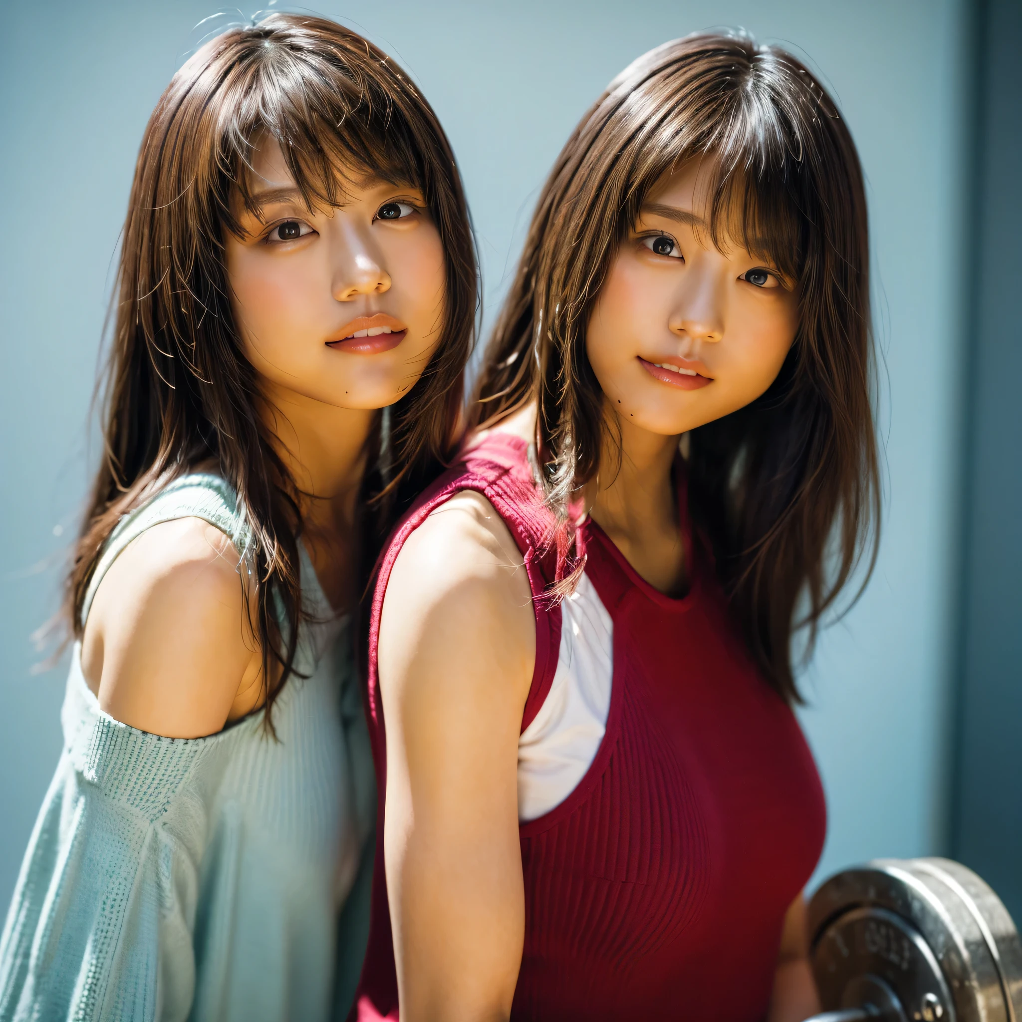 Beautiful identical twin sisters、(8K、Raw photo、highest quality、masterpiece:1.2)、(realistic、Photoreal:1.37)、Super detailed、超A high resolution、1 girl、Genuine uneven frame included.、Kasumi Arimura、see the beholder、Beautiful and dense face、smile、narrow、(Muscular style) :1.3)、gymnastics、beautiful and smooth skin、skin texture、professional lighting、Full body Esbian、I'Iは筋トレをしています.....、(muscular body)、Hold dumbbells