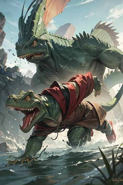angry lizardman with iguana head dressed in tattered brown hooded cloak, running, attacking, proportional, marshlands
