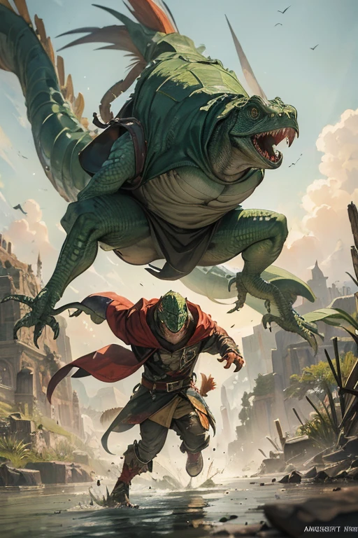 angry lizardman with iguana head dressed in tattered brown hooded cloak, running, attacking, proportional, marshlands