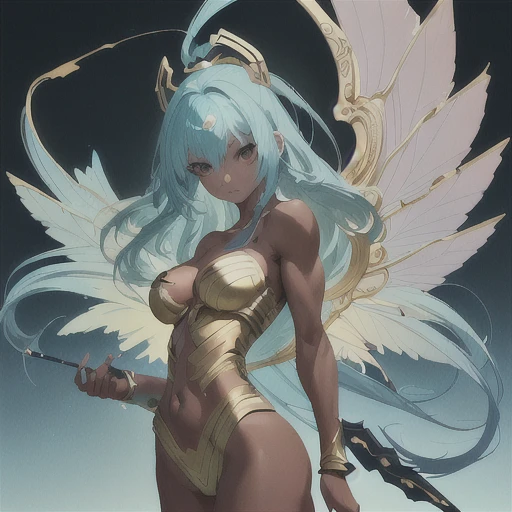 A muscular girl with a dark tan skin is depicted. She exudes a captivating and seductive atmosphere. She is smoking a cigarette, which enhances her bewitching beauty. If she has a weapon, it does not protrude from the screen. She has wings on her back, and her figure can be viewed from above, below, and the side. The viewpoints are full body, upper body, and portrait. The background is perfect for her worldview, with gold, green, blue (main), light blue, yellow, silver, deep red (sub). The style is like a highly detailed official artwork, and it is a very detailed and elaborate fan art, such as the key art of Kusai Krentz, which is popular on ArtStation and Pixiv, feminine style, Fate style, realistic anime 2.5D style, realistic anime girl style. The image quality adopts the golden ratio 1.2, drawing board 1.3, and includes absurd, highest quality, real, hyperreal, ultra-fine illustrations. It is a beautiful masterpiece of 64K with ultra-high resolution, large file size. The face is highly detailed, and the lighting is perfectly finished. The resolution is ultra-high resolution 8K: 1.2, high resolution (HD, 4K, 8K, 16K, etc.). The color bit depth is 24 bits, 48 bits.
On her right arm, there is a dragon tattoo wrapped in blue and red flames, reflecting light on the scales. On her left arm, there is a powerful green horse tattoo, with its mane fluttering in the wind. The dragon tattoo is in tribal style, drawn in vivid blue and red. The horse tattoo is in a realistic style, expressed in warm colors.