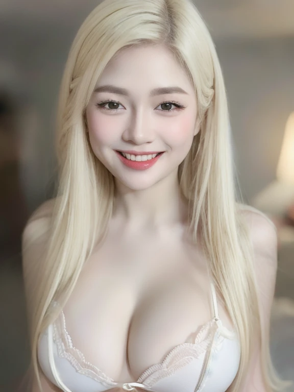 (realistic、masterpiece、Best Quality、8K、highres、high resolution:1.3)、1 girl、Huge breasts、smile, white bikini、pale white skin、looking at viewers、super fine face and eyes、long blonde hair、indoor、 upper body、