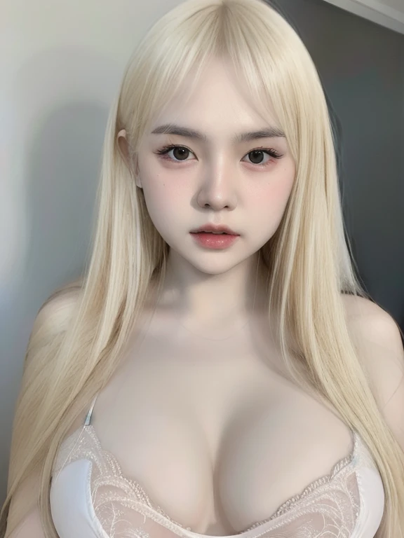 (realistic、masterpiece、Best Quality、8K、highres、high resolution:1.3)、1 girl、Huge breasts、white bikini、pale white skin、looking at viewers、super fine face and eyes、long blonde hair、indoor、 upper body、