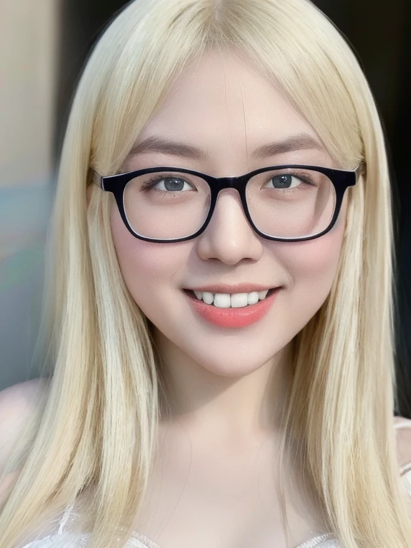 (realistic、masterpiece、Best Quality、8K、highres、high resolution:1.3)、1 glasses girl、smile, Huge breasts、white bikini、pale white skin、looking at viewers、super fine face and eyes、long blonde hair、indoor、 upper body、